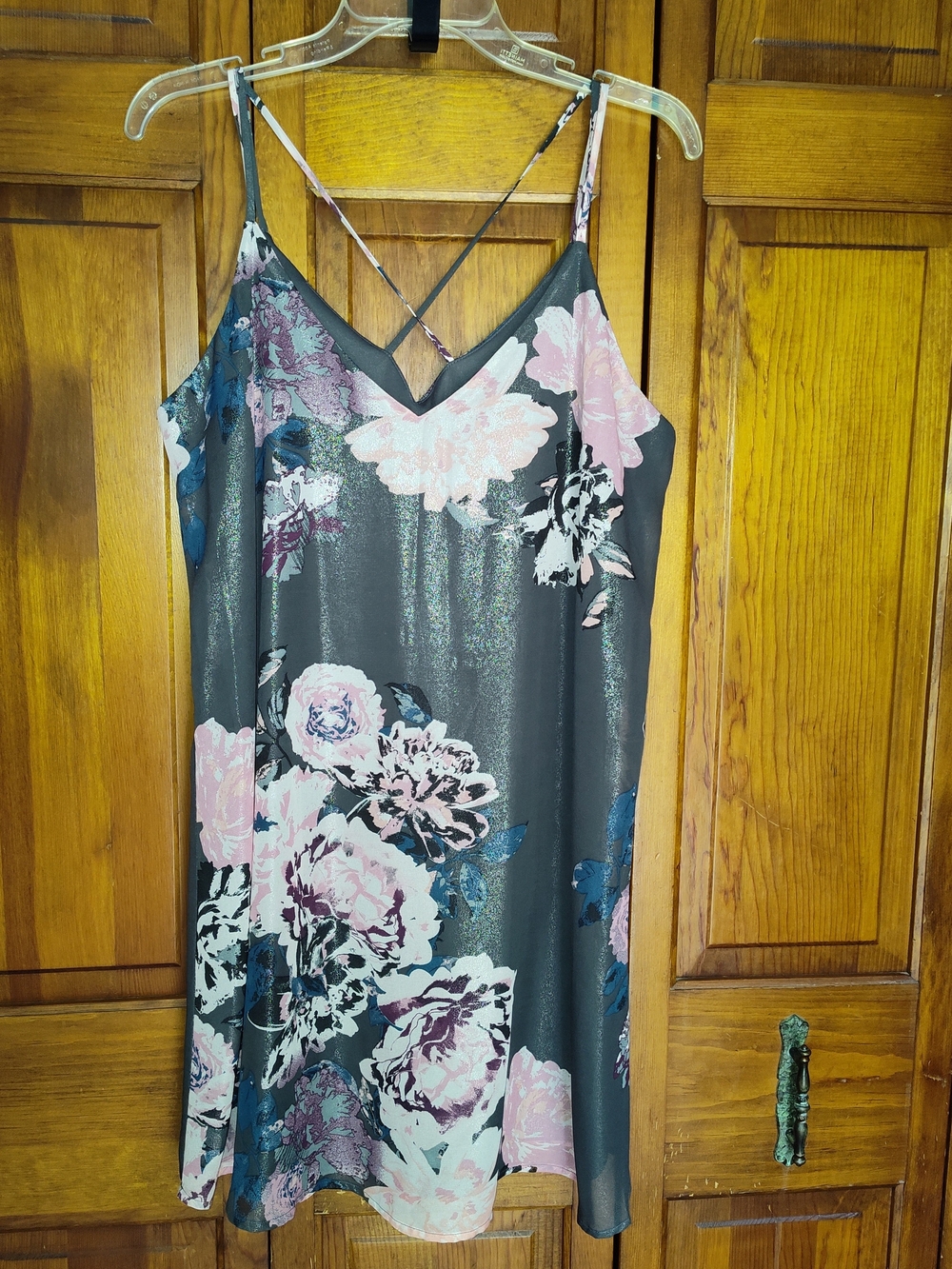 Xhilaration Charcoal Gray Slip Dress with Pink Floral Print